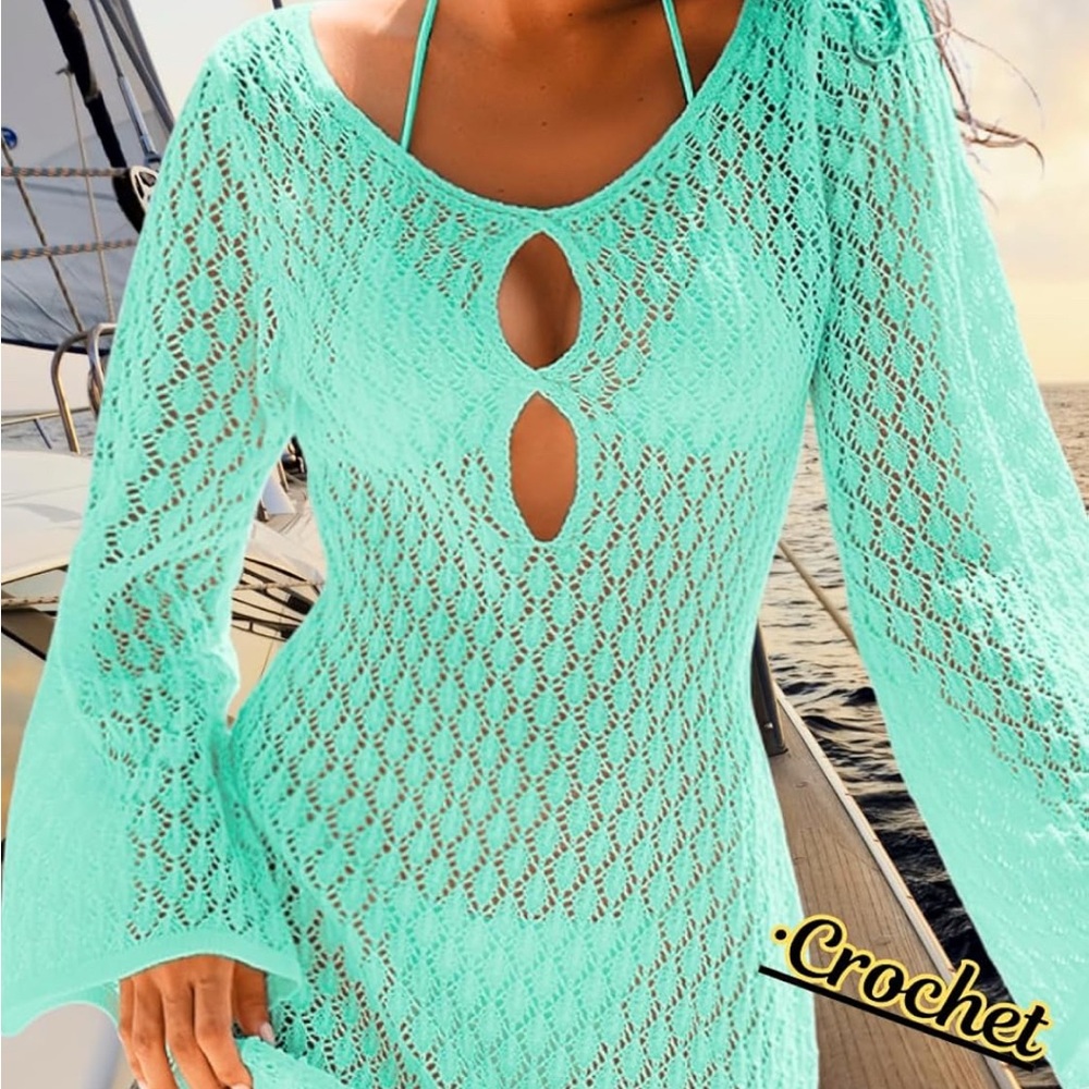 Amazon Crochet Long-Sleeve Cover-Up Dress in Aqua